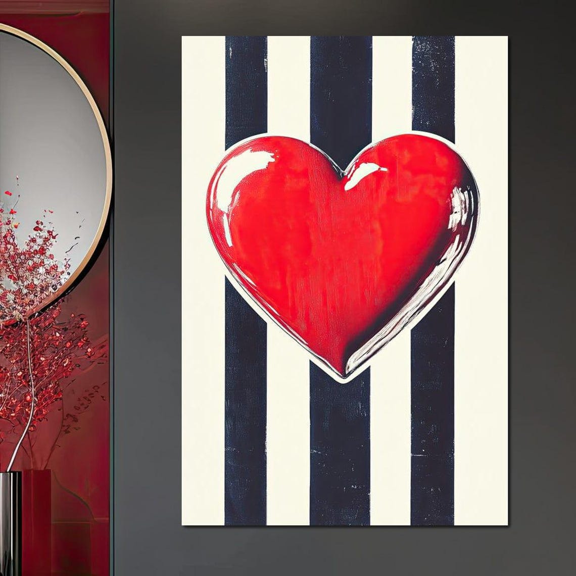 Glossy Red Heart On Black And White Stripes Modern Love Poster - Image 4