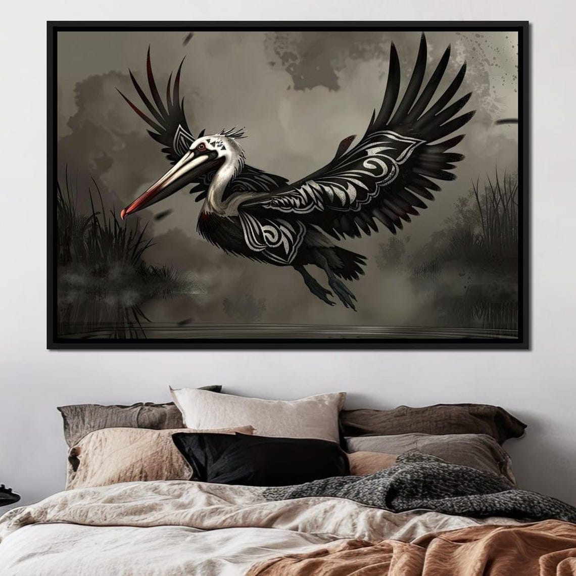 Majestic Pelican Flight Monochrome Tribal Wings Coastal Wall Art