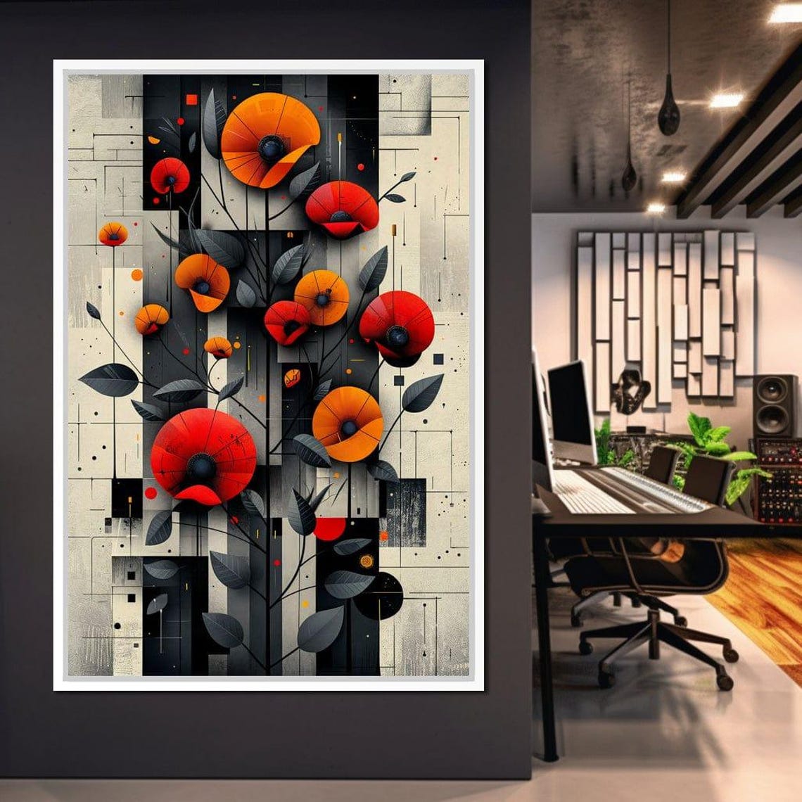 Red Orange Poppy Blooms Geometric Monochrome Floral Art Poster - Image 2