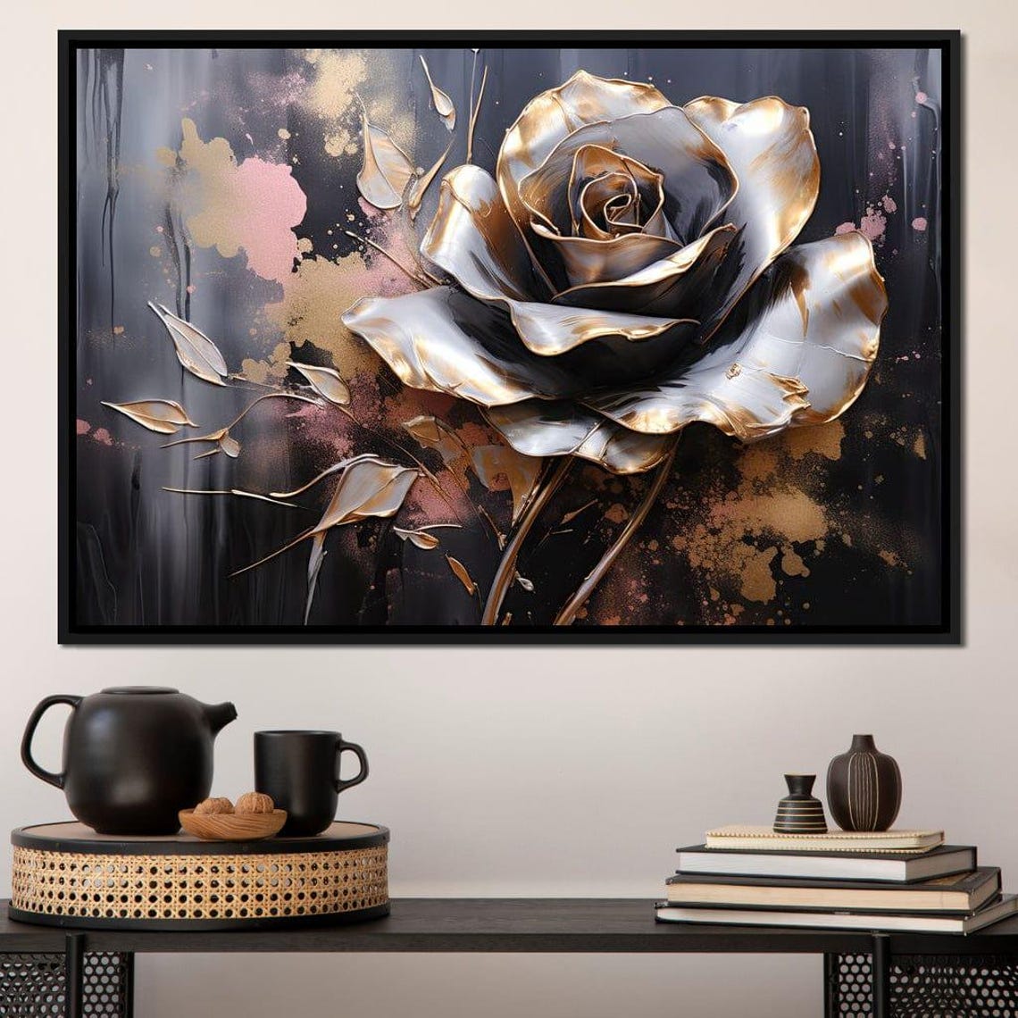 Metallic Gold Silver Rose Black Abstract 5 Panel Floral Wall Art - Image 4
