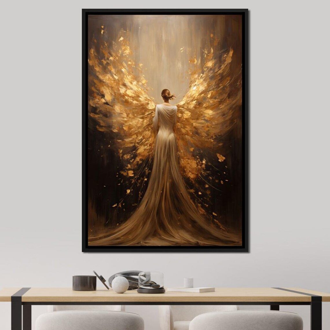 Golden Angel Wings Woman Flowing White Gown Divine Light Art Print - Image 2