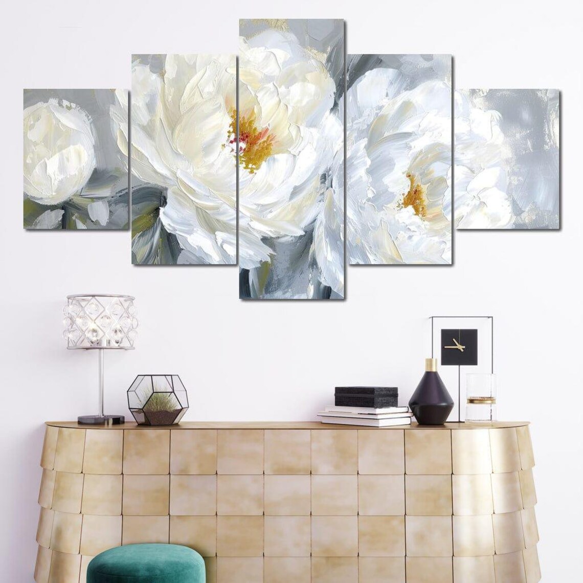 White Peonies Silver Gray Gold Accent Impasto Floral Art Print - Image 4