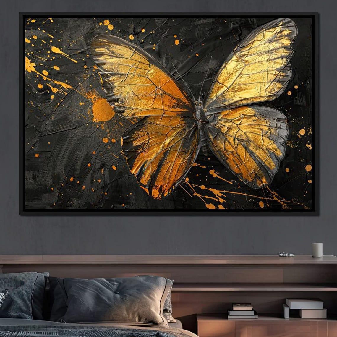 Golden Butterfly Black Background Gilded Wings Luxury Modern Wall Art - Image 2
