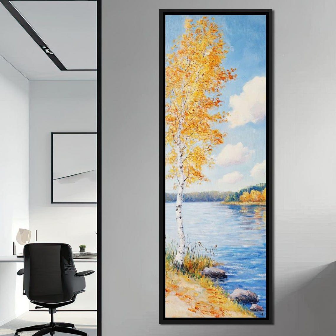 Golden Birch Tree By Autumn Lake Blue Water Fall Colors Nature Print - Image 4