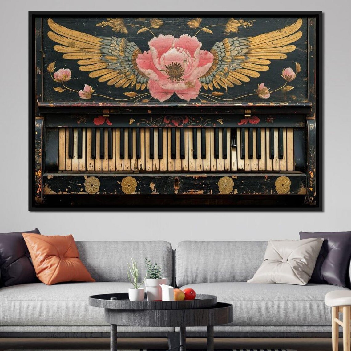 Antique Painted Piano Golden Wings Pink Peony Vintage Music Art Print - Image 2