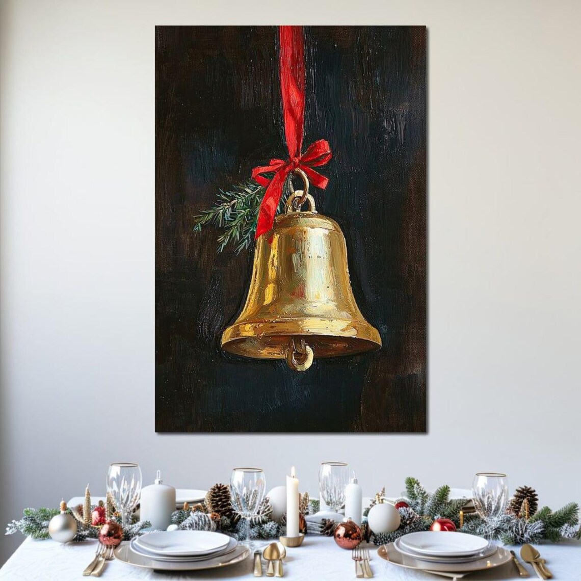 Golden Christmas Bell With Red Ribbon And Pine Sprig On Dark Poster - Image 3