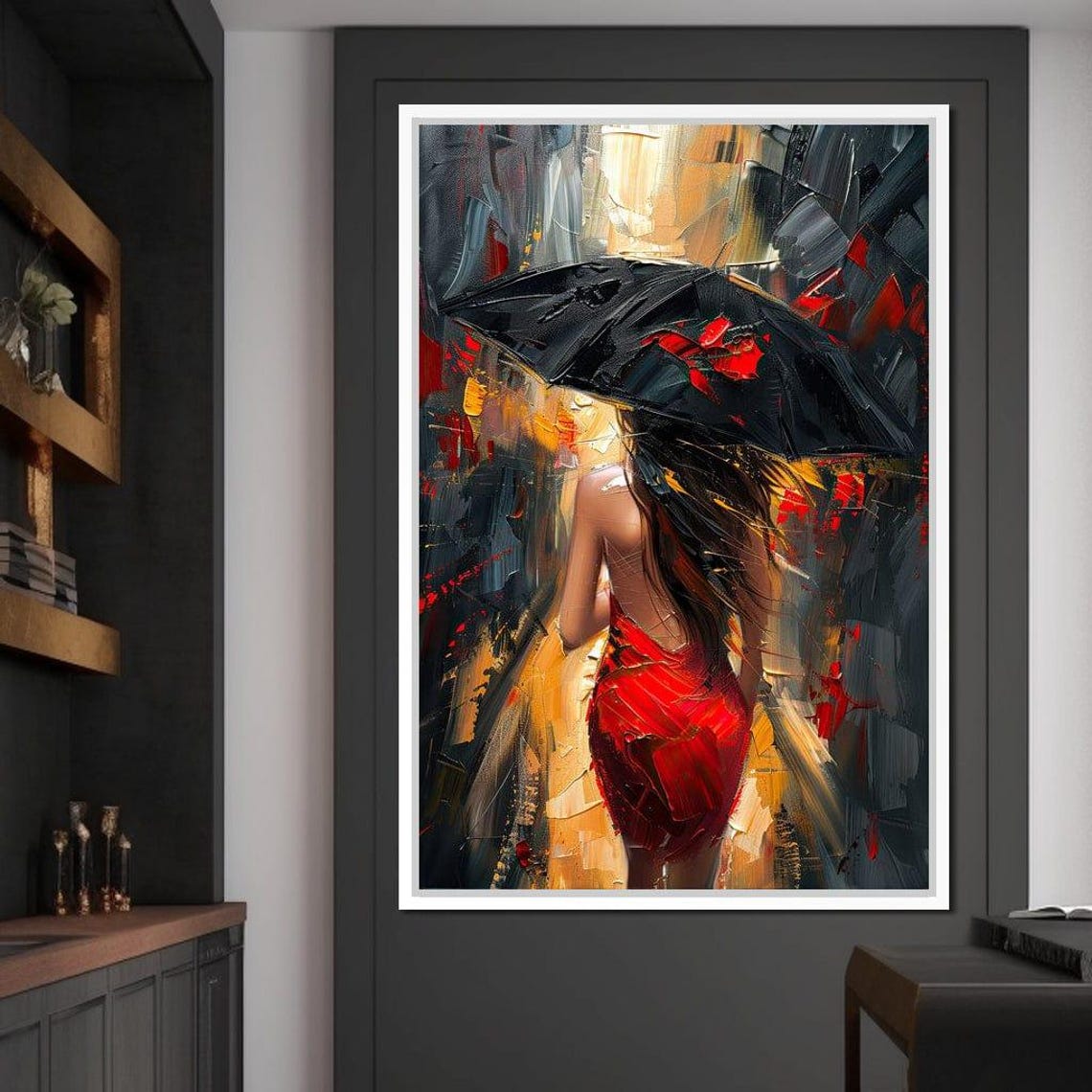 Rainy Stroll In Bold Brushwork Print Romantic Wall Art Modern Home Decor Abstract Painting Red Dress By Nichecanvas - Image 2