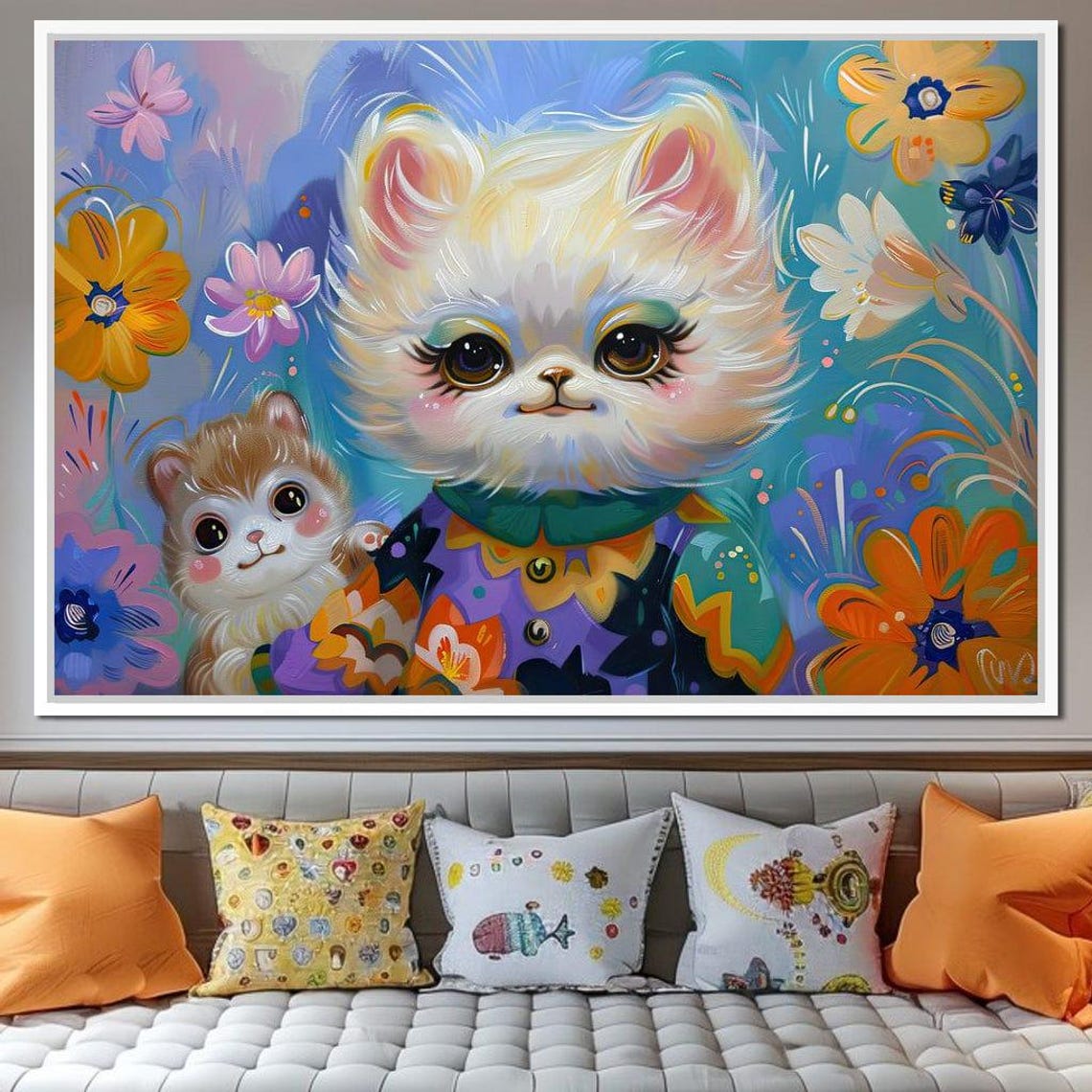 Whimsical Fluffy Cat Kitten Floral Art Print Kids Room Nursery Decor - Image 3