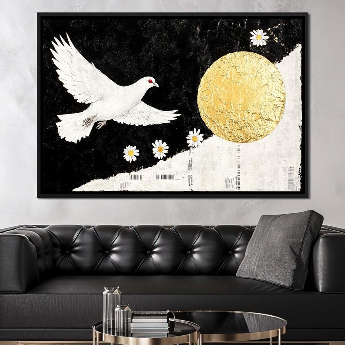 White Dove Gold Full Moon Black White Daisies Peaceful Flight Poster - Image 2