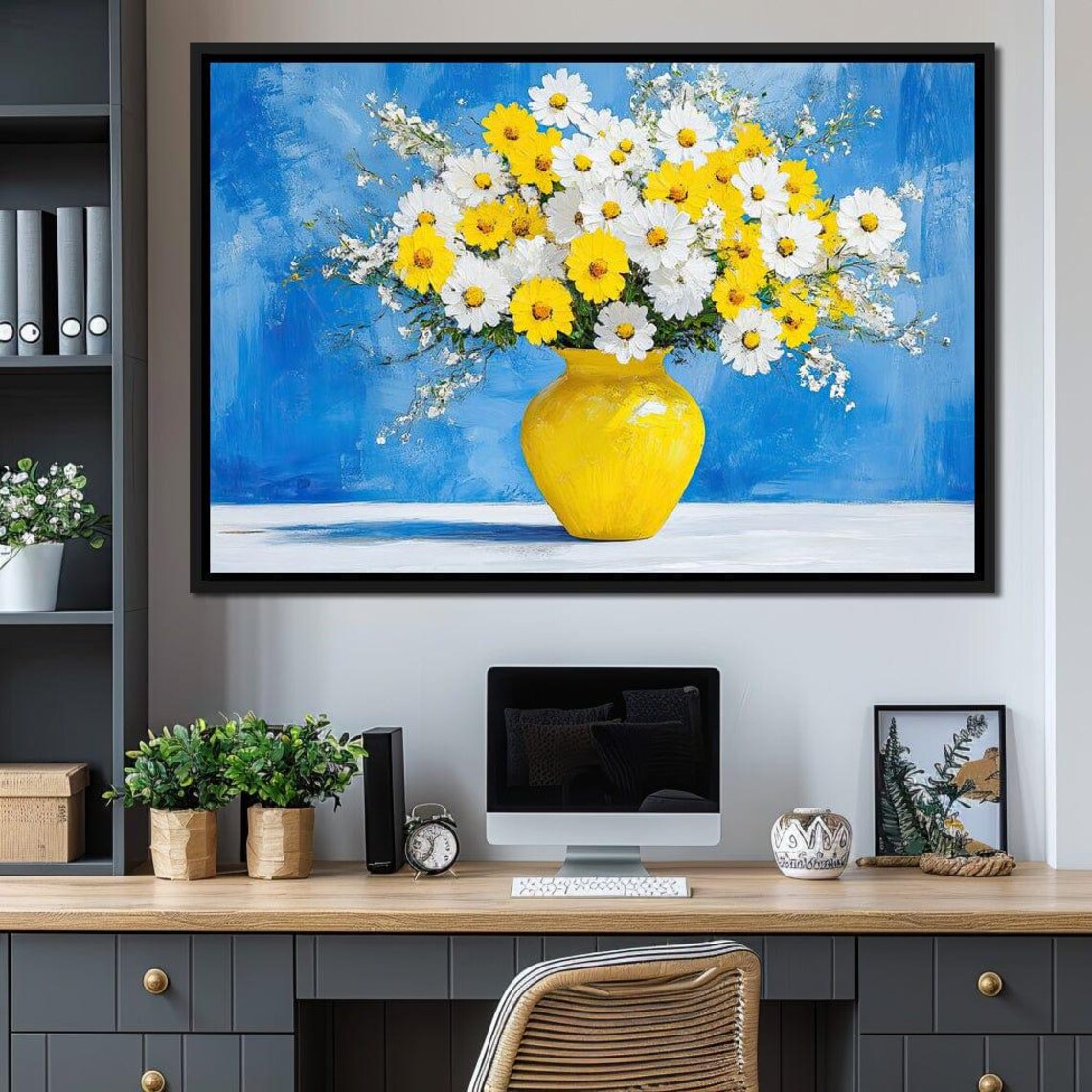 Yellow And White Daisies In A Yellow Vase Blue Floral Poster - Image 4