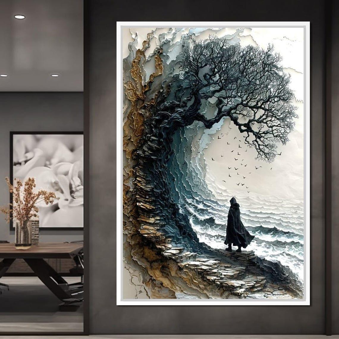 Lone Hooded Figure By Sea Surreal Mystical Wave Ocean Wall Art - Image 4