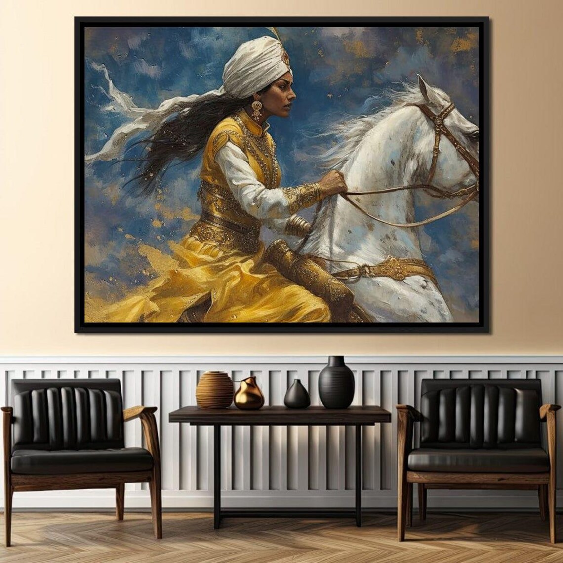 Golden Gallop Woman In Gold Riding White Horse Stormy Sky Art Poster - Image 3