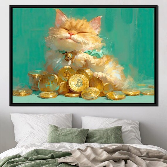 Happy Golden Cat Bitcoin Coins Bell Collar Turquoise Cute Fortune Kitty Poster