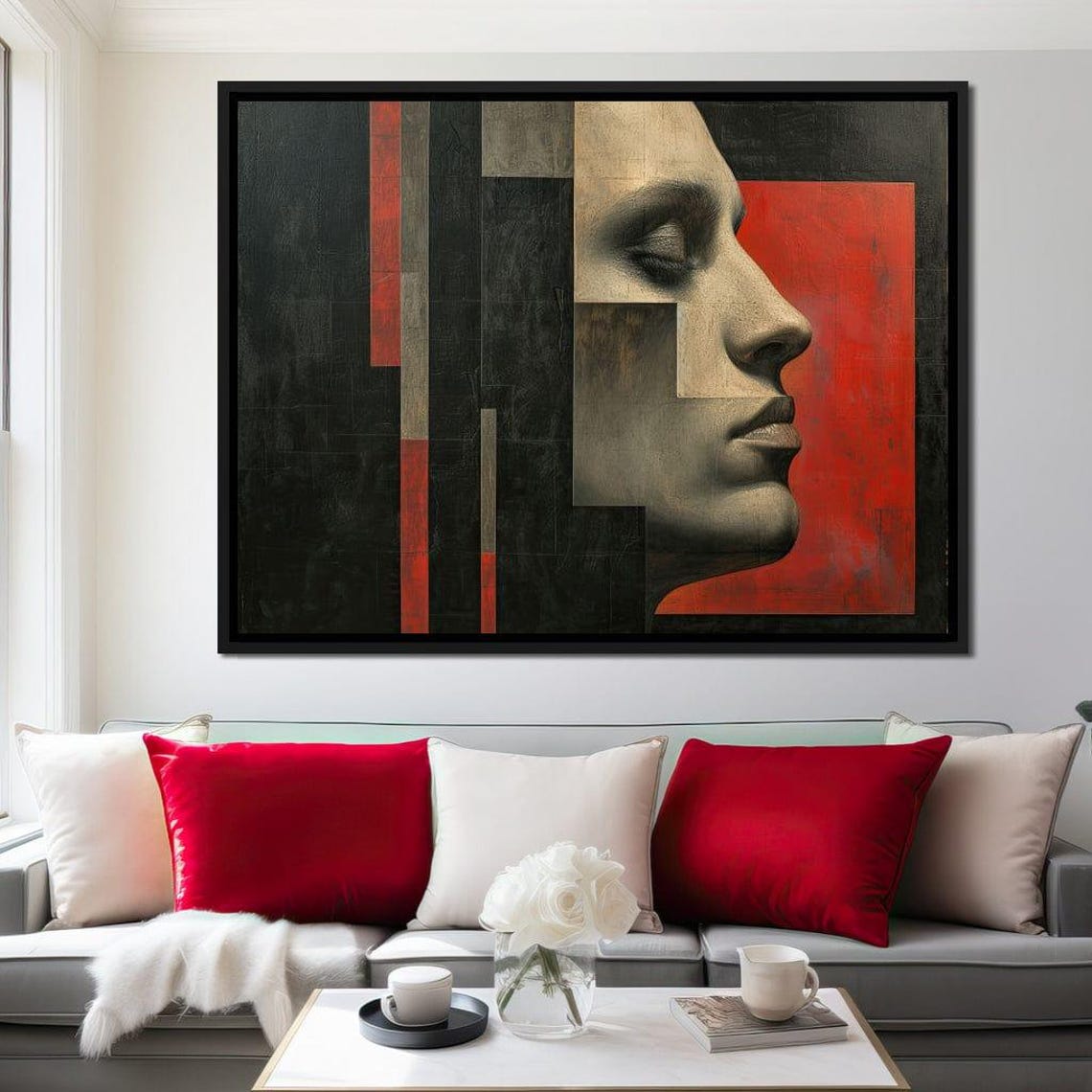 Fragmented Serenity Contrast Abstract Modern Portrait Red Black Geometric Art Minimalist Decor Visual Harmony By Nichecanvas - Image 3