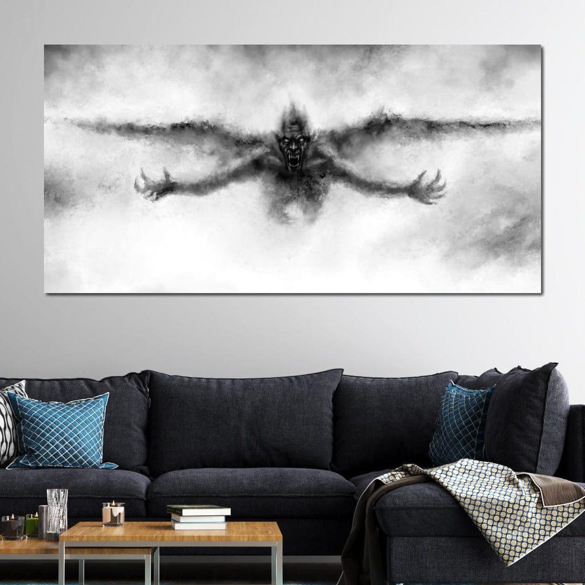 Dark Winged Demon Rising Mist Gothic Black White Horror Fantasy Poster - Image 3