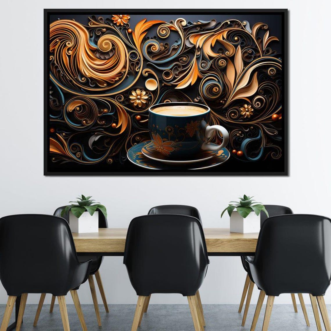 Ornate Coffee Cup Golden Swirl Black Background Kitchen Decor Poster - Image 4