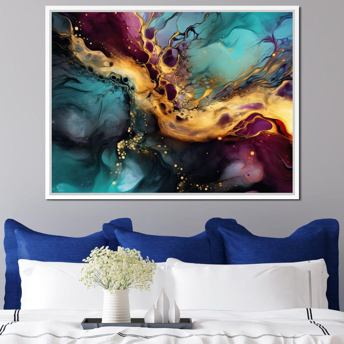 Turquoise Gold Purple Fluid Marble Five Panel Abstract Wall Art - Image 3