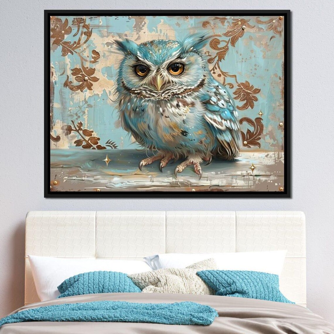 Blue Owl Vintage Teal Floral Wildlife Portrait Whimsical Wall Art - Image 4