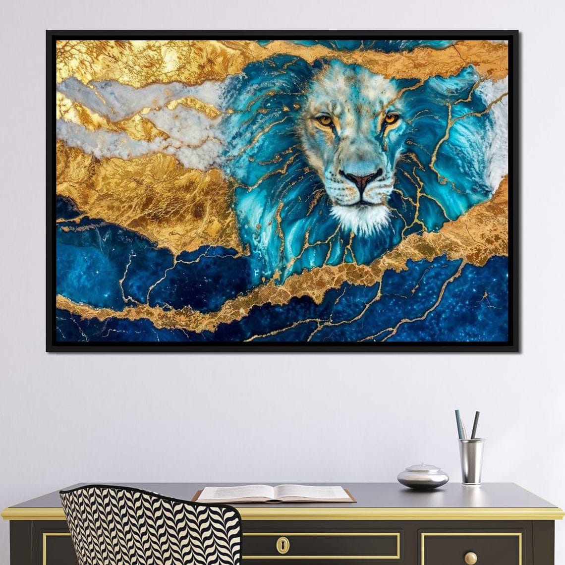 Regal Azure Majestic Lion Blue Gold Painting Majestic Lion Decor Home Office Art Safari Wall Art Luxury Animal Art By Nichecanvas