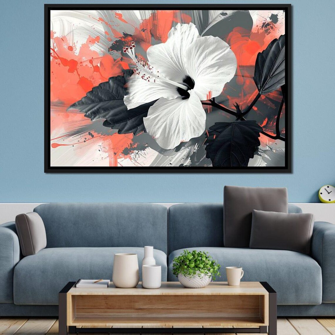 White Hibiscus Flower Red Black Abstract Bold Tropical Art Poster - Image 3