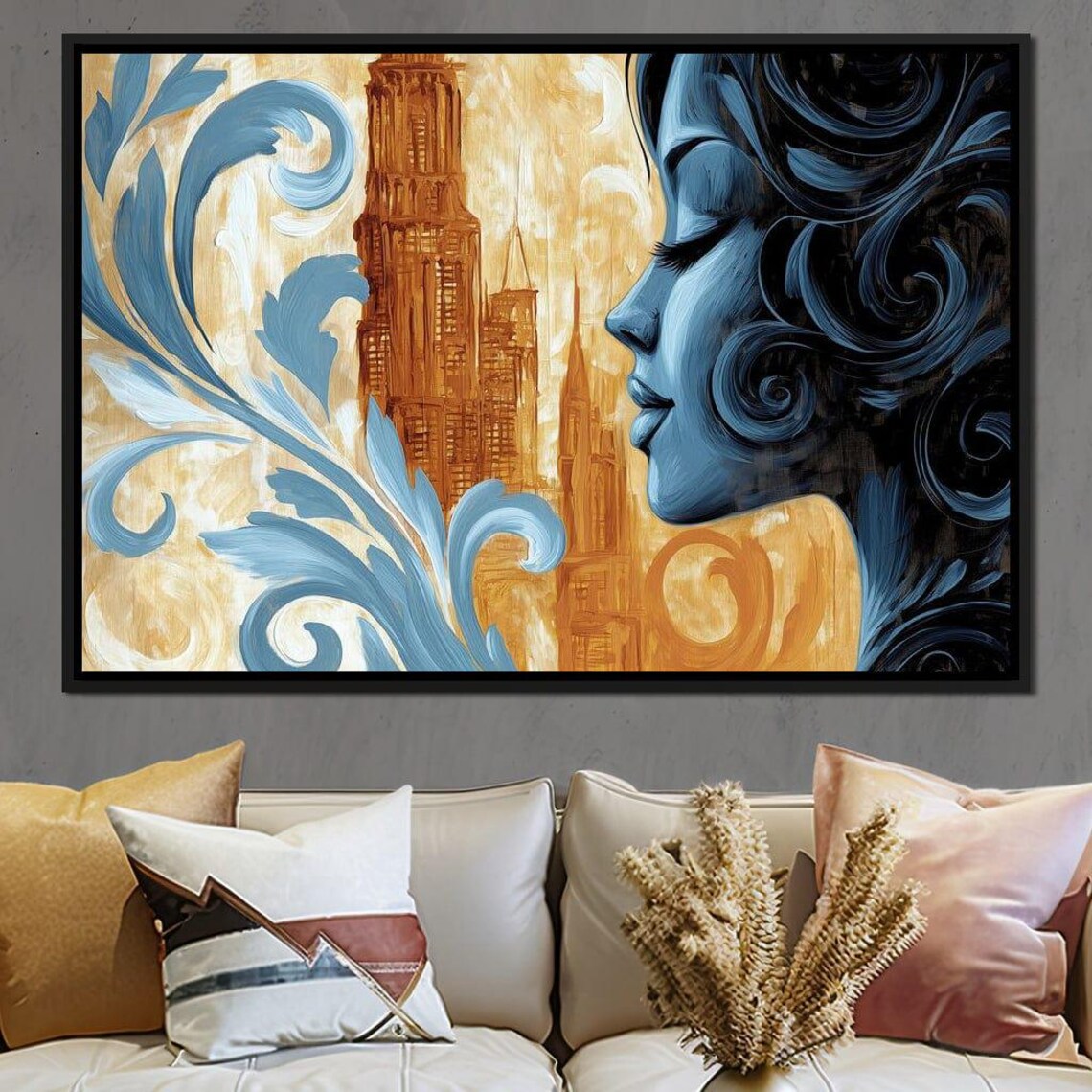 Art Nouveau Blue Woman Profile Gold Tower Floral Swirls Elegant Poster - Image 2
