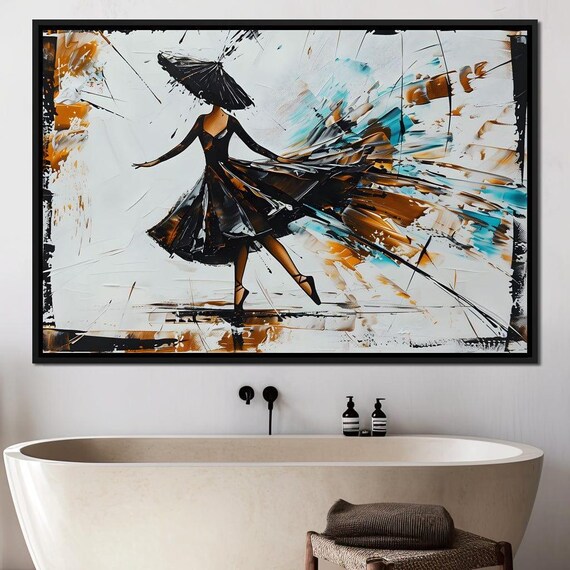 Dancer Black Dress Umbrella Abstract Brushstroke Modern Joyful Wall Art Print