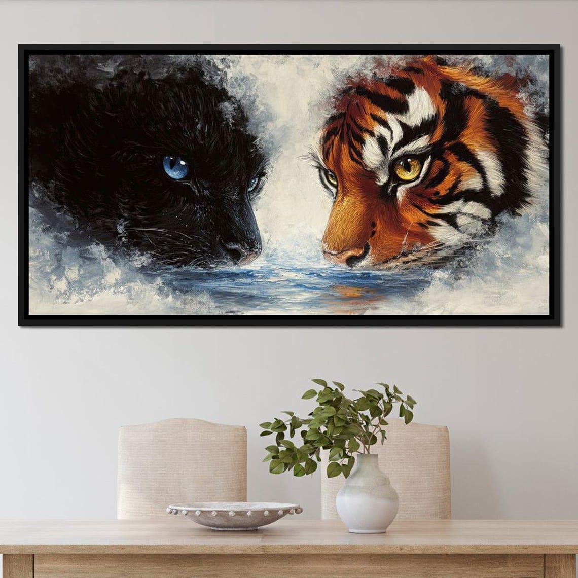 Black Panther Tiger Faces Mist Water Framed Wildlife Contrast Wall Art - Image 2