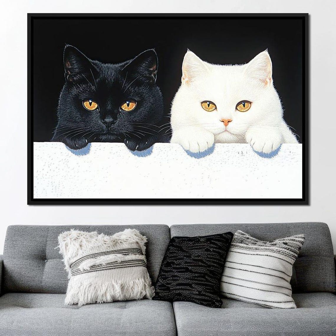 Black White Cats Peeking Over Edge Contrast Framed Cute Wall Art - Image 3