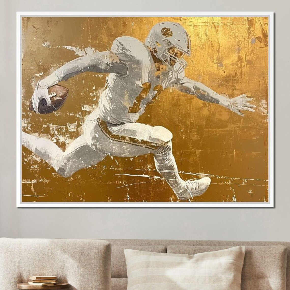 Football Player Running Ball Gold White Textured Dynamic Sports Print