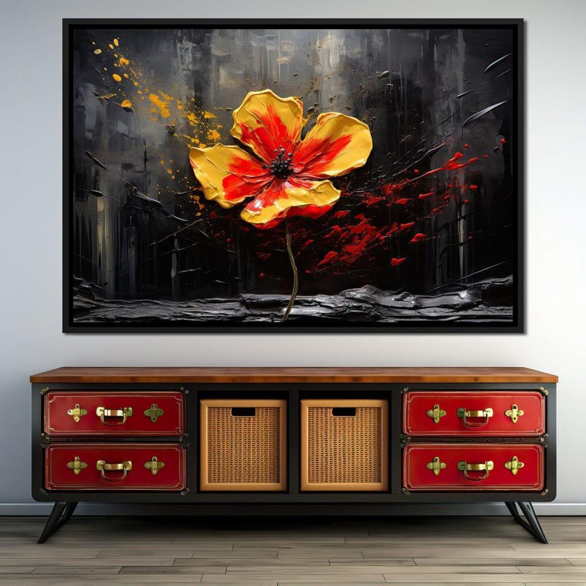 Red Yellow Poppy Abstract Splatter Dark Background Flower Print - Image 3