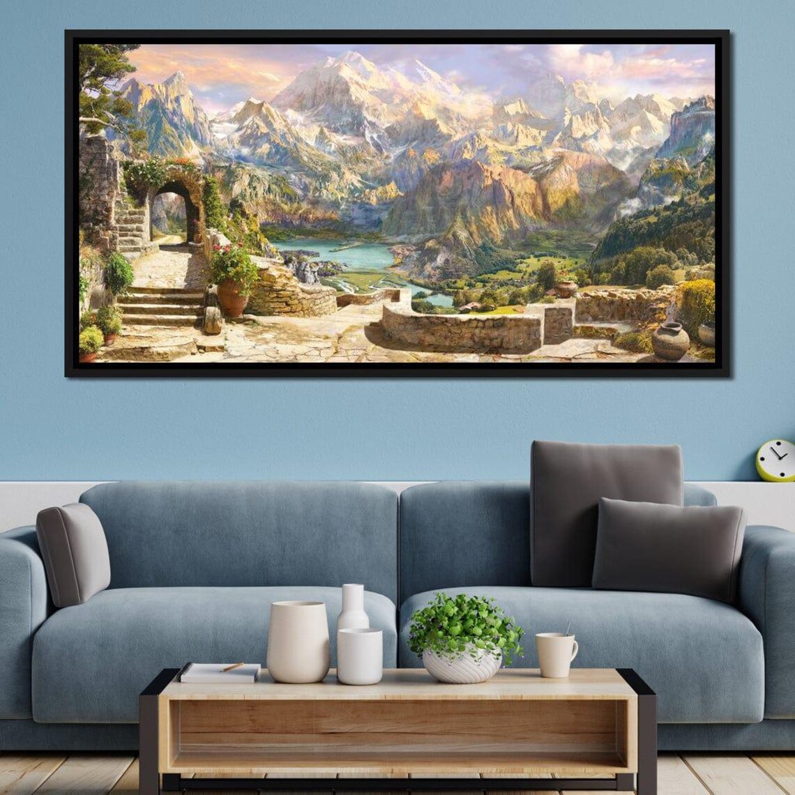 Majestic Mountain Valley Lake View Stone Terrace Fantasy Art Poster - Image 4