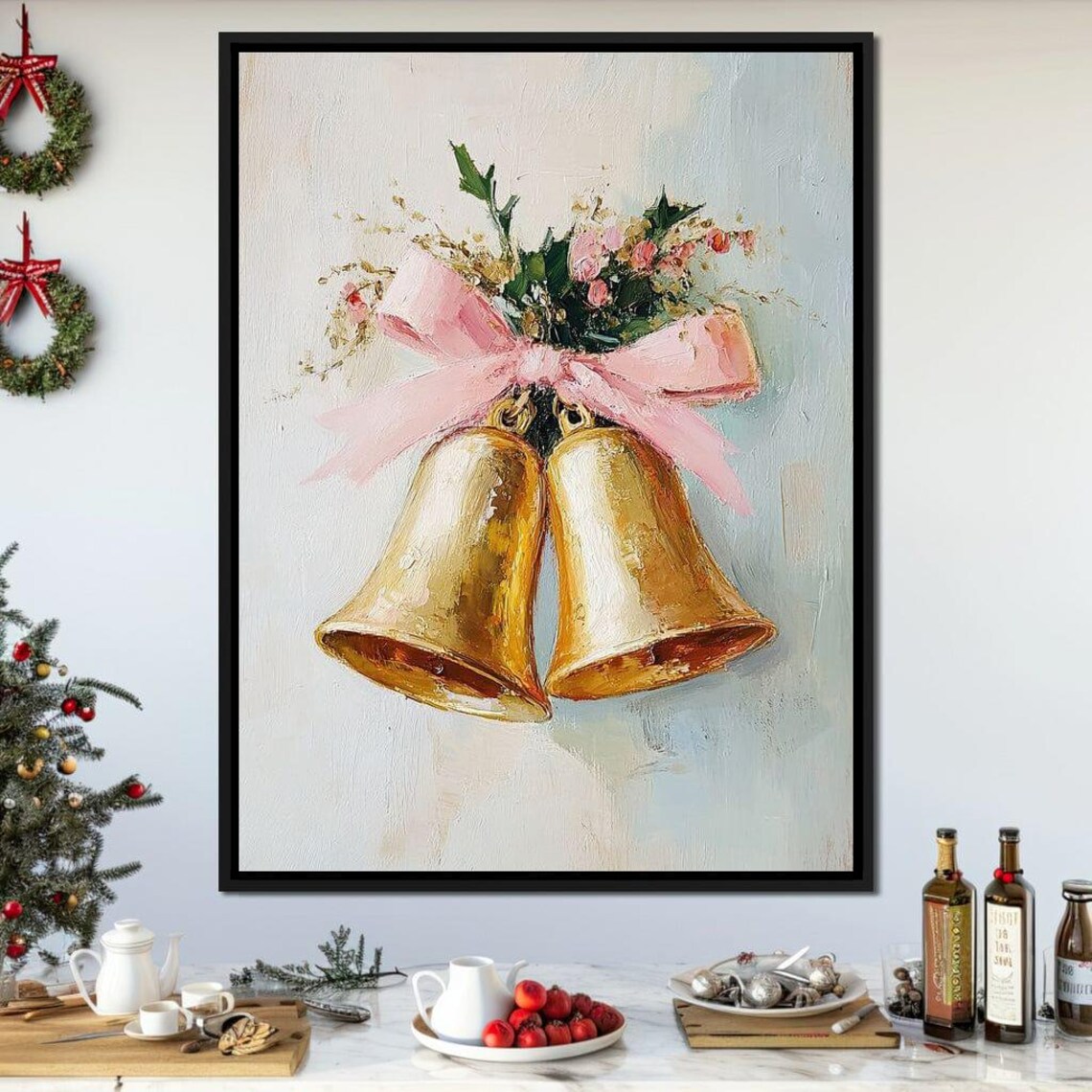 Golden Christmas Bells With Pink Bow Floral Holiday Wall Poster - Image 4