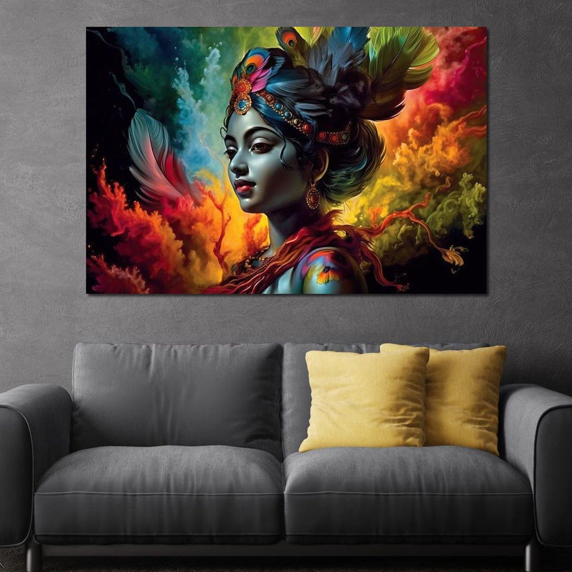 Radha Blue Peacock Feather Crown Vibrant Cosmic Hindu Art Poster - Image 4