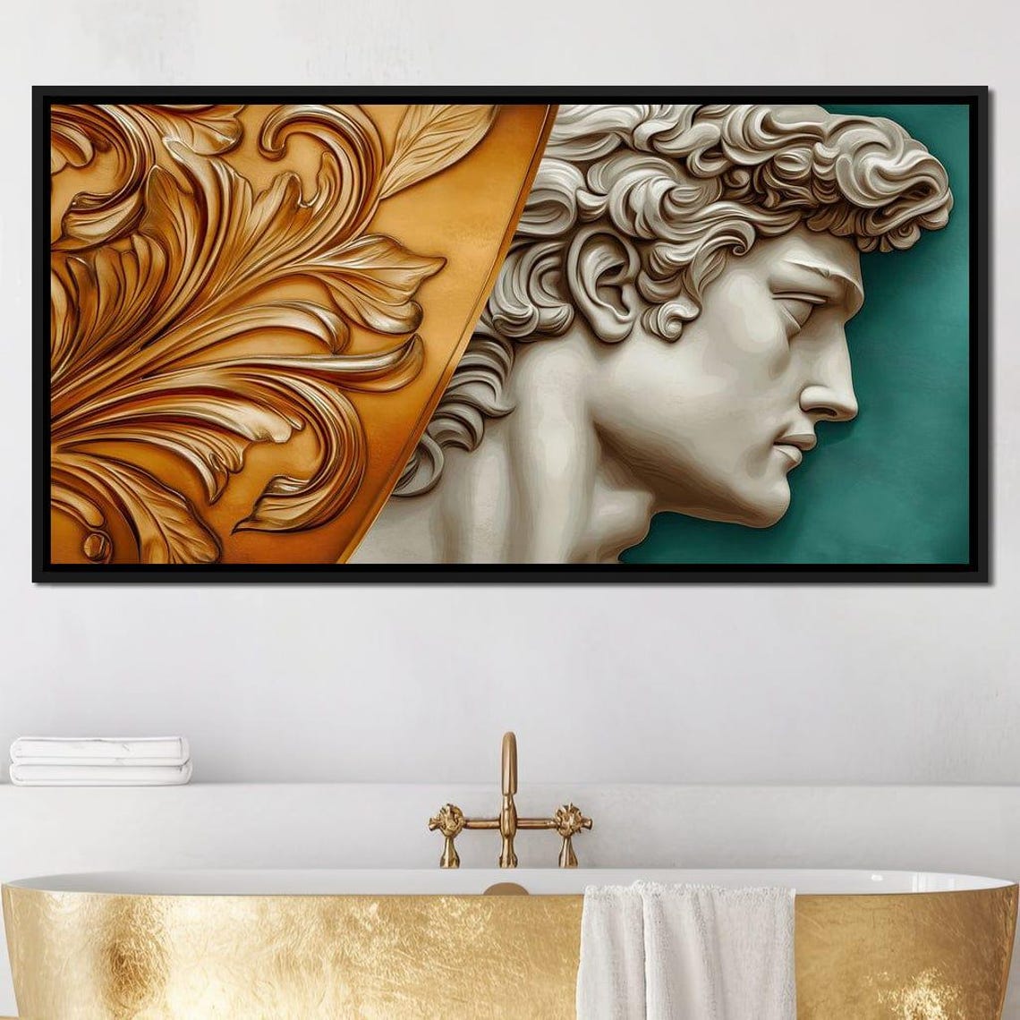 Classical Statue Face Gold Baroque Leaf Teal Sculpture Wall Art