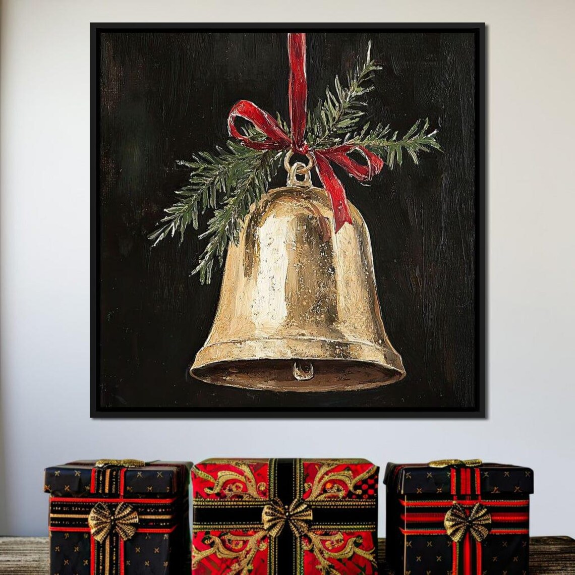 Golden Christmas Bell With Red Ribbon Pine Branch Black Poster