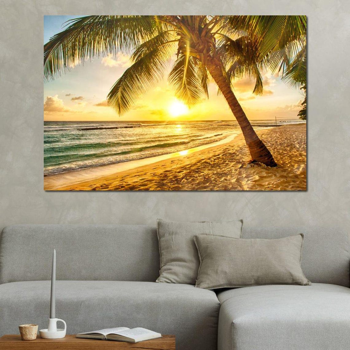Leaning Palm Tree on a Tropical Beach at Golden Sunset Ocean Poster - Image 3