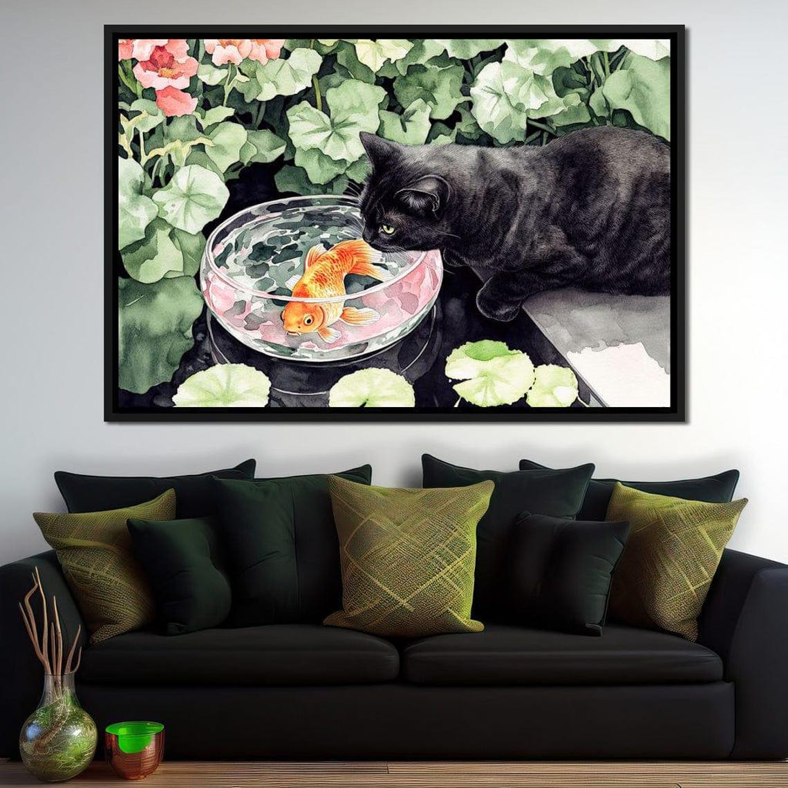 Black Cat Watching Goldfish Bowl Playful Watercolor Animal Art Print - Image 4