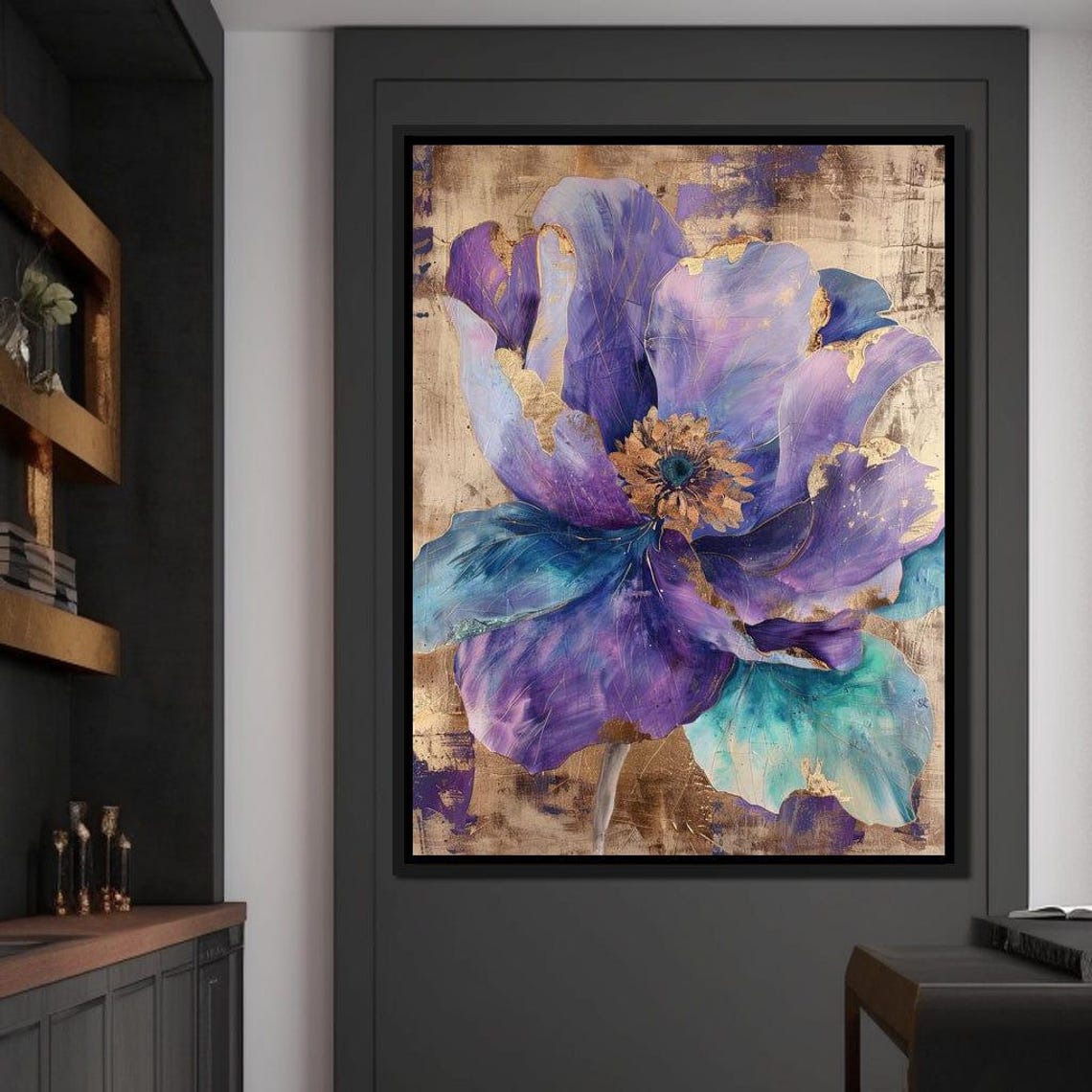 Violet Purple Blue Anemone Flower Gold Leaf Abstract Art Poster - Image 4