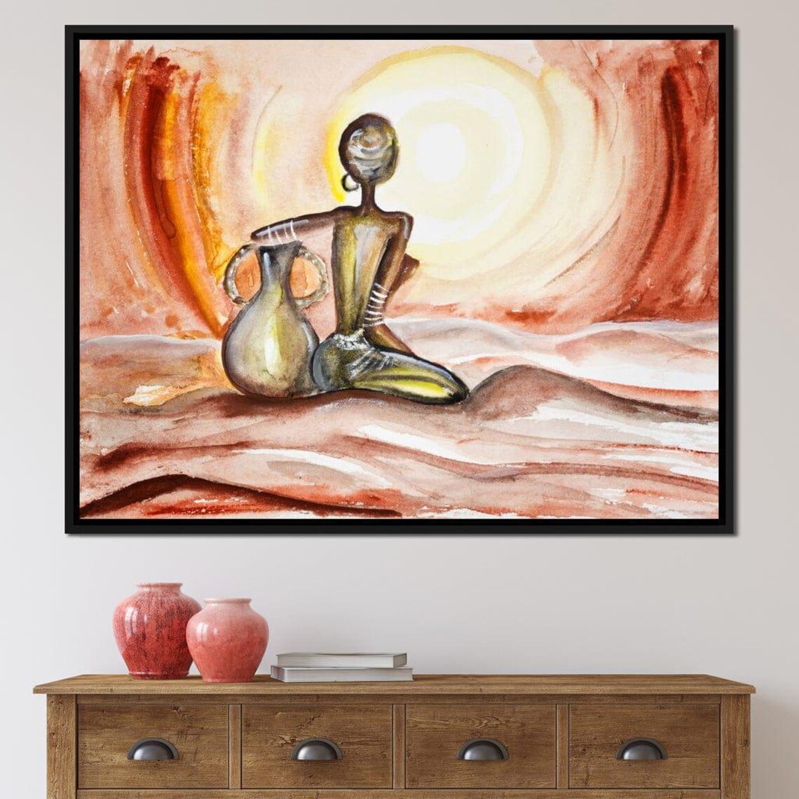 African Woman With Clay Jug Desert Sunset Watercolor Warm Tones Poster - Image 2