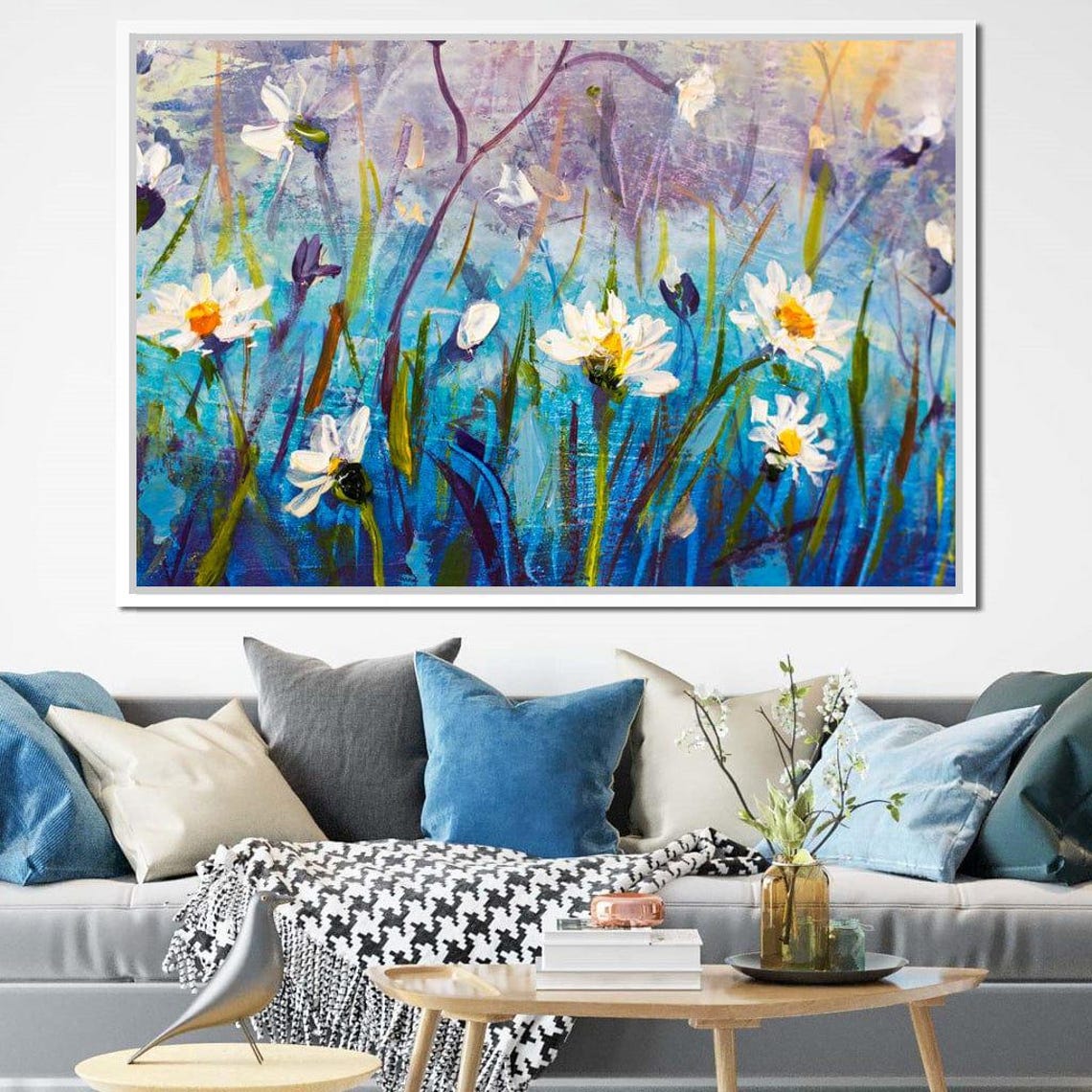 White Daisies On Blue Background Impressionist Floral Wall Art Print