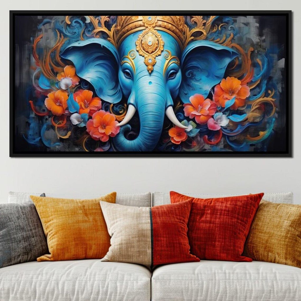 Ganesha Blue Elephant Head Gold Crown Orange Floral Spiritual Art Poster - Image 4