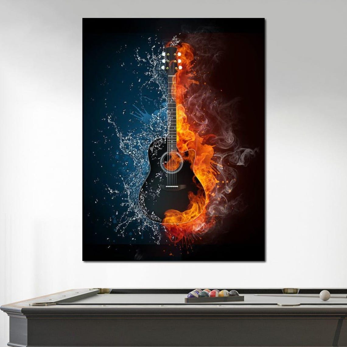 Acoustic Guitar Fire And Water Elemental Flames Artwork Music Poster - Image 3