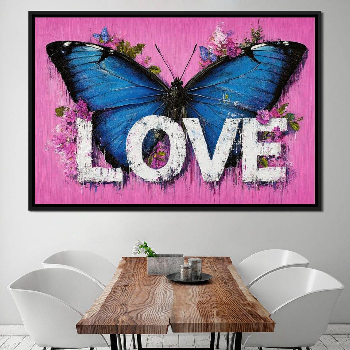 Blue Morpho Butterfly Pink Background LOVE Typography Floral Wall Art - Image 2