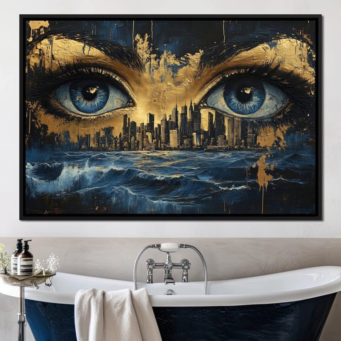 Golden Blue Eyes Night City Skyline Ocean Waves Mystic Wall Art - Image 4