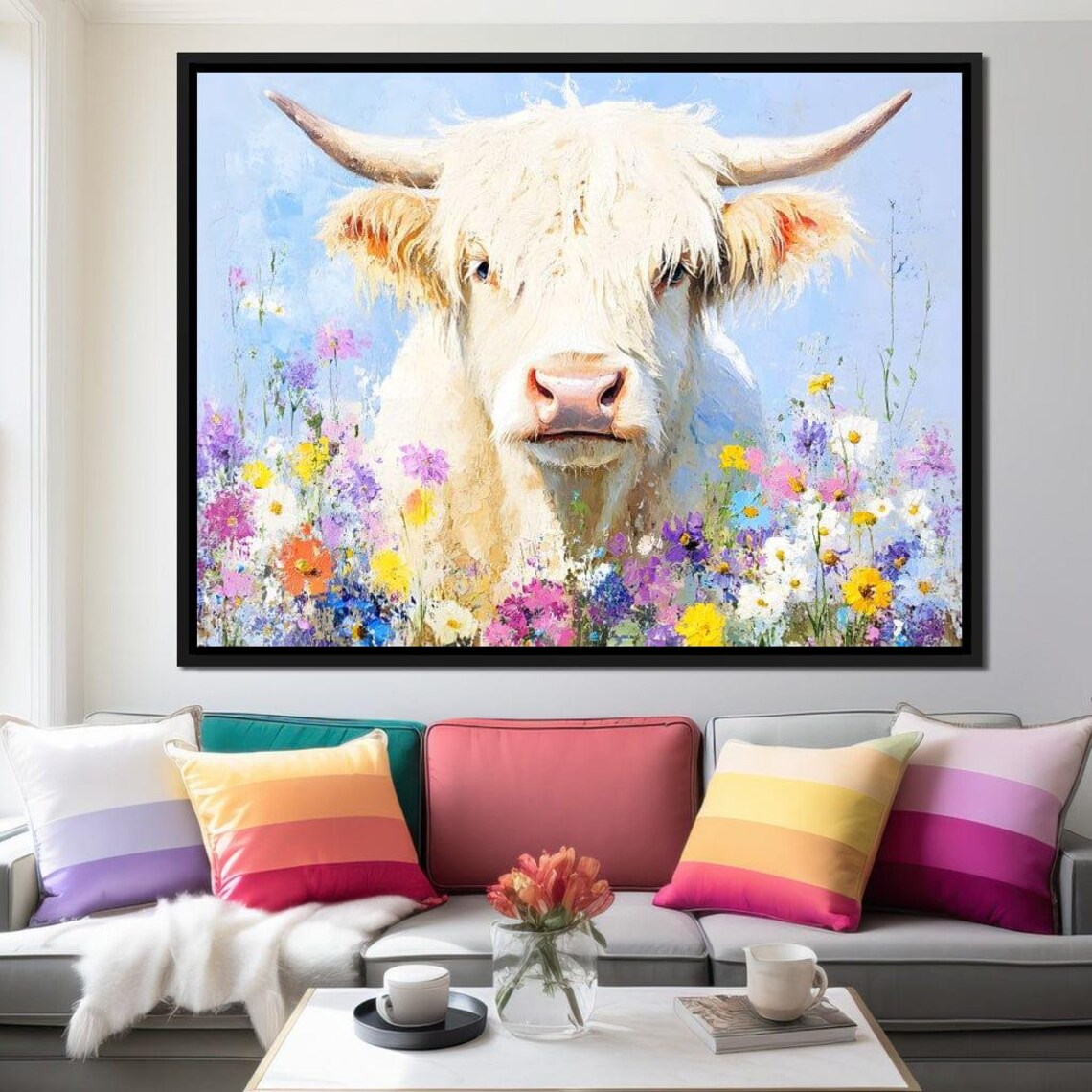 White Highland Cow Standing in a Colorful Wildflower Meadow Poster - Image 3