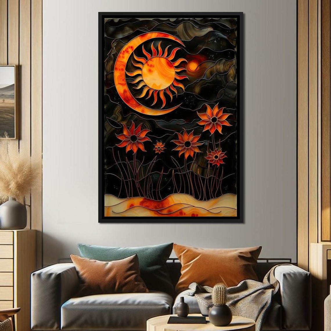Solar Eclipse Stained Glass Sun Crescent Moon Orange Floral Wall Art