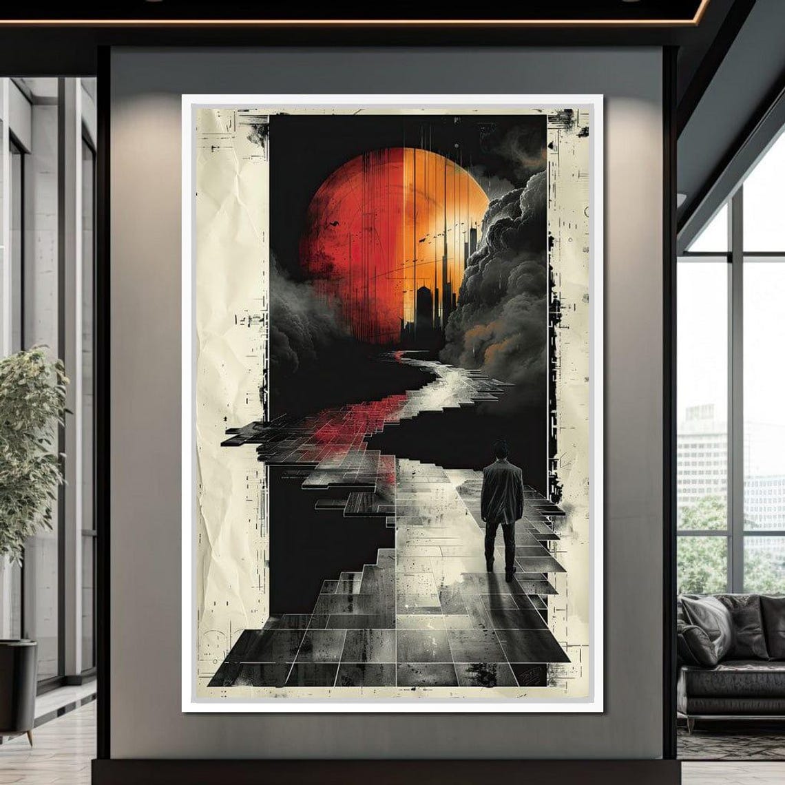 Lone Walker Giant Crimson Sun Surreal Dark Landscape Path Wall Art - Image 2