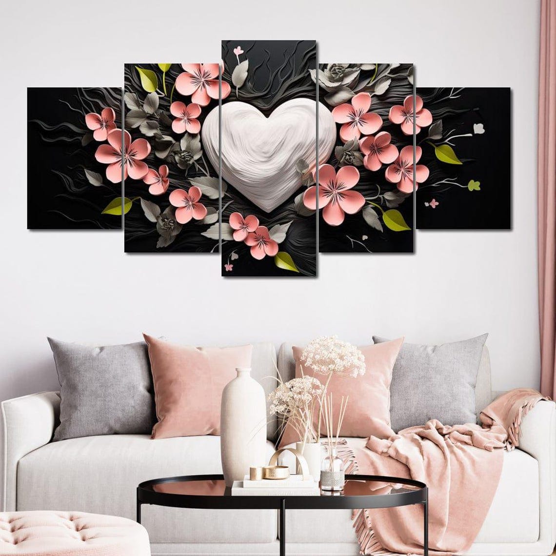 White Heart Pink Cherry Blossoms Black Romantic Love Art Poster - Image 4