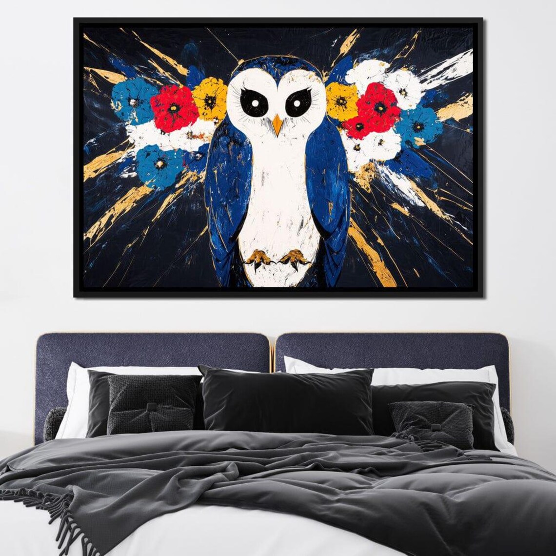 White Barn Owl With Blue Wings Colorful Floral Midnight Art Poster - Image 3