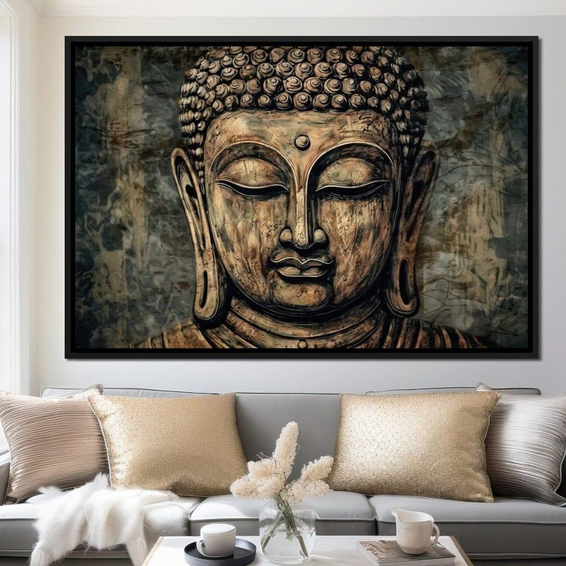 Bronze Buddha Face Serene Stone Texture Zen Meditation Wall Art